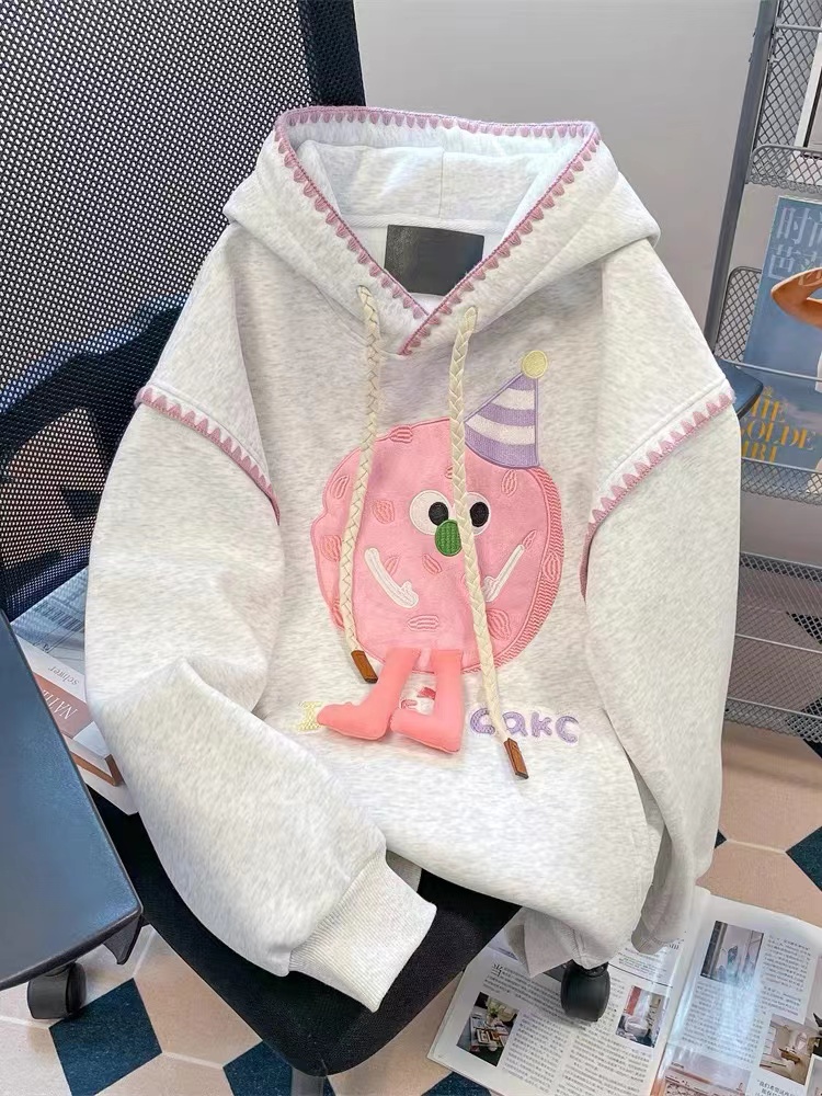 灰色可愛加絨加厚連帽衛衣女小個子秋冬寬鬆減齡立體刺繡卡通上衣