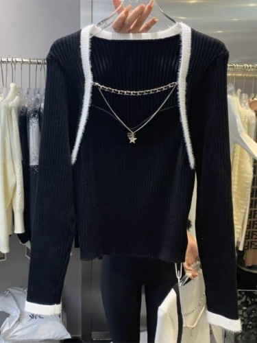 冬季新款韩版设计感链条方领弹力修身百搭显瘦打底针织衫上衣