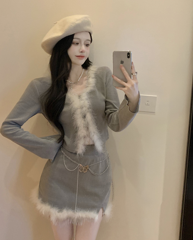 實拍  軟糯毛邊上衣A字短裙氛圍感套裝女+慵懶寬鬆毛衣外套