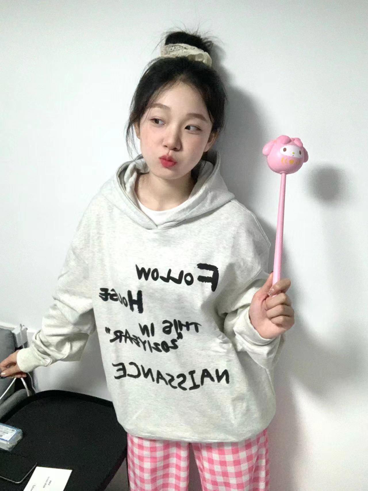 食毛華棉複合牛奶絲300克銀狐絨400克前 印花無口袋連帽衛衣女