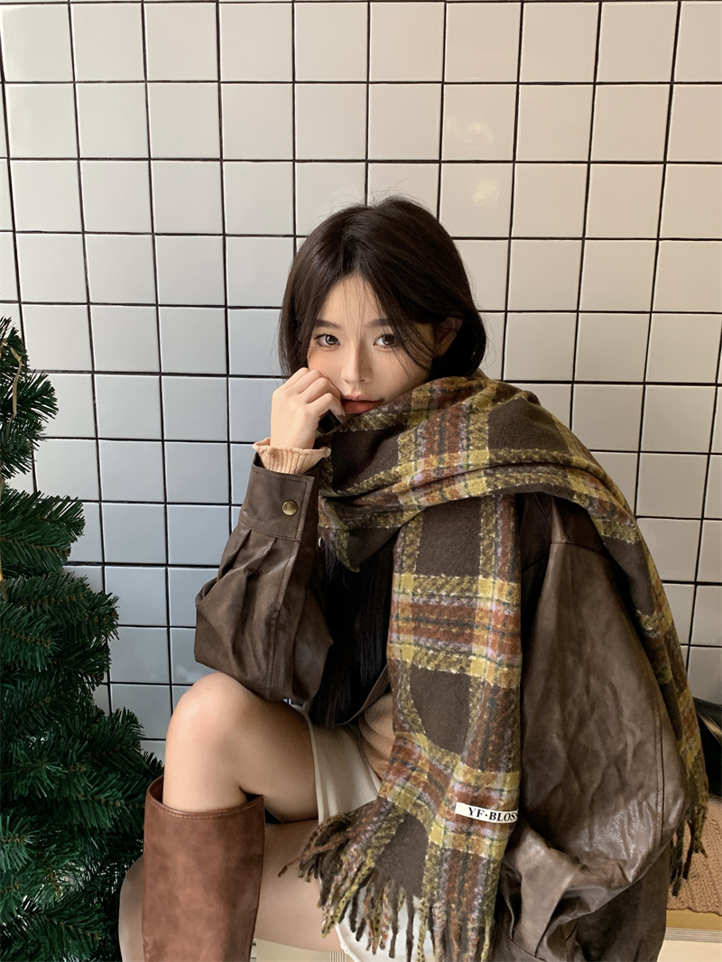 實拍  美拉德高級感格子圍巾女冬季加厚保暖百搭防寒圍脖