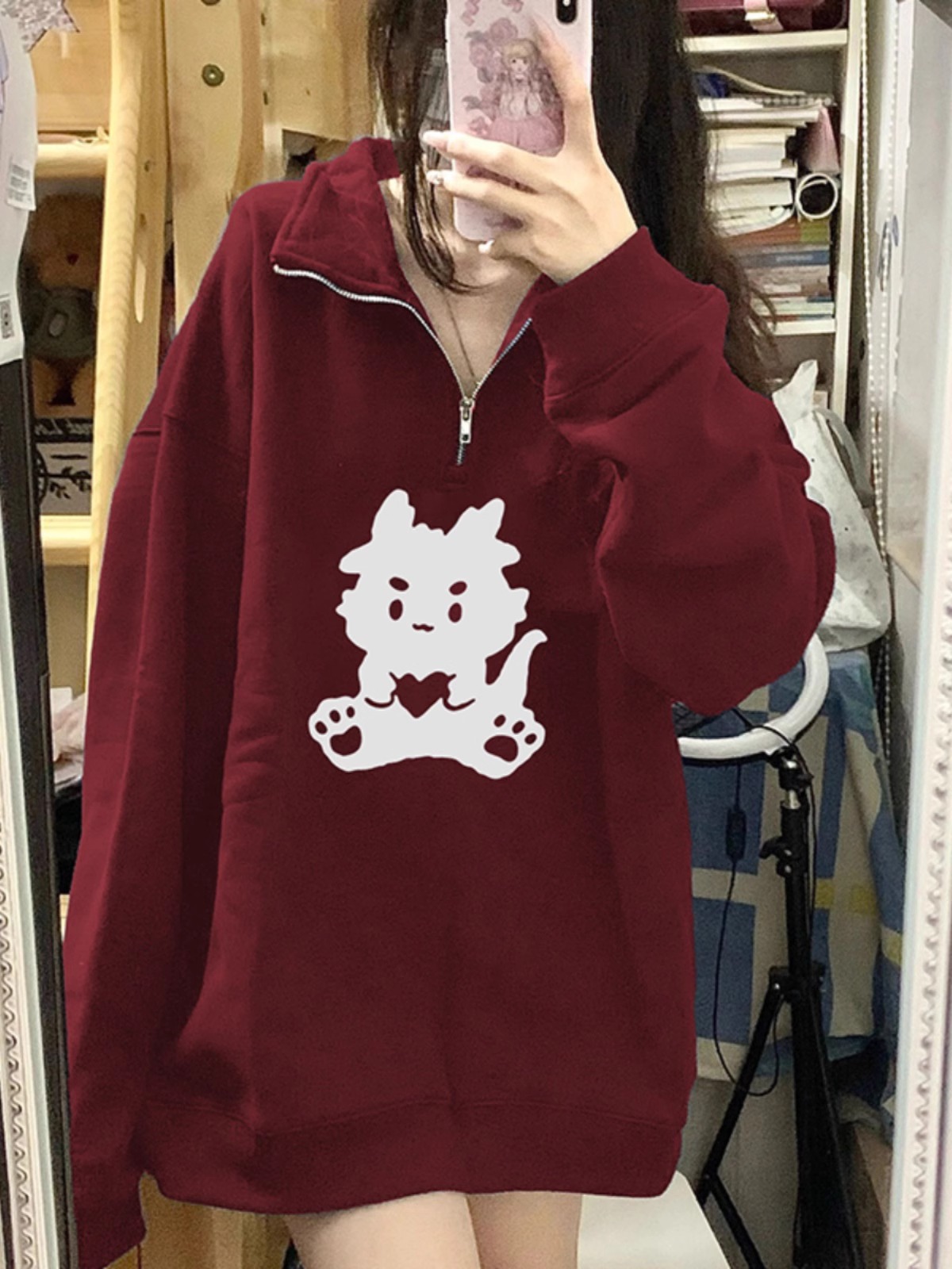 CVC cotton pasta wool Chinese cotton composite/milk silk 300g/silver fox velvet 400g front printed lapel sweatshirt for women