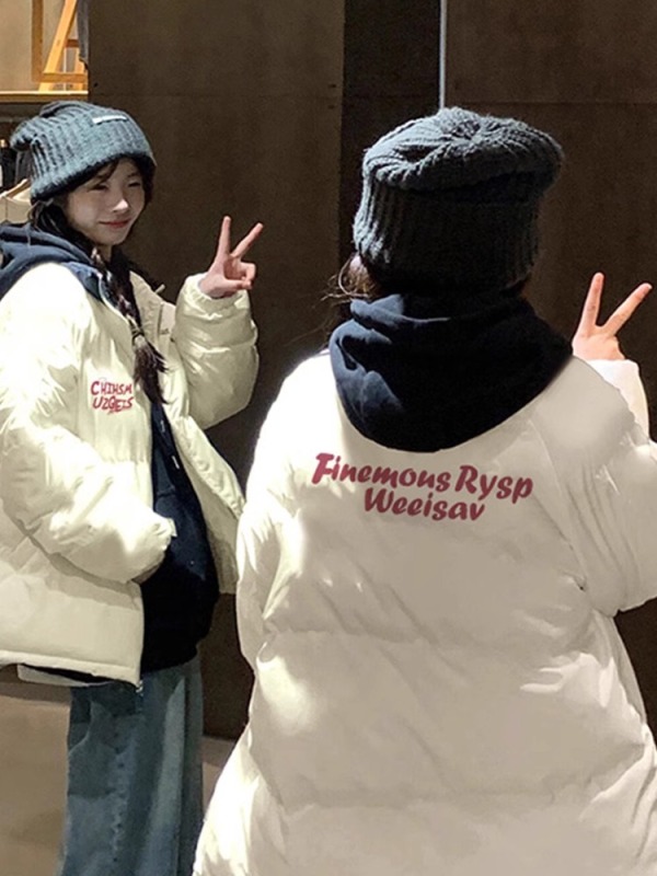 高品質手塞棉加厚冬季新款棉服寬鬆印花棉衣麵包服女