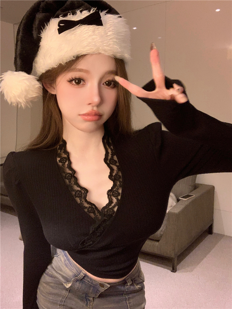 Real shot!  Temperament pure desire v-neck cross sexy long-sleeved T-shirt women's lace knitted bottoming top