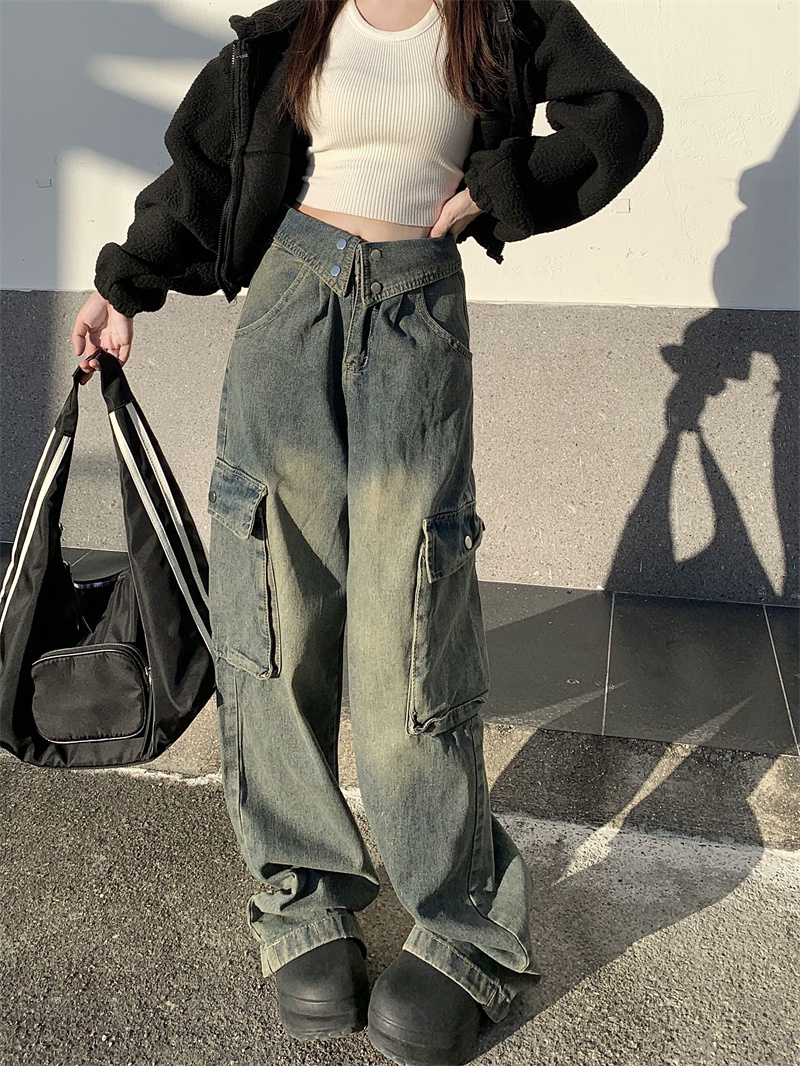 實拍！！！牛仔褲ins寬鬆休閒新款小眾工裝褲女水洗百搭復古