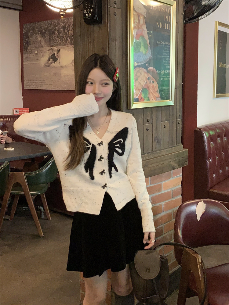 實拍！蝴蝶結短款單排扣針織開衫女秋冬百搭溫柔長袖毛衣內搭