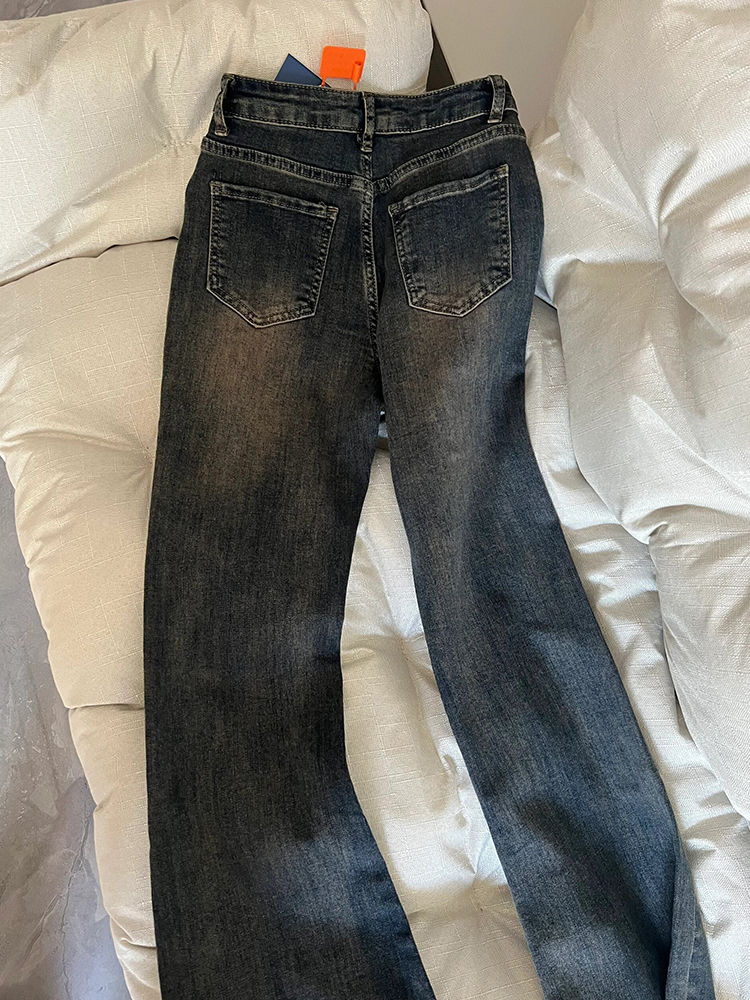 水泥灰復古高腰微喇牛仔褲女小個子春季直筒顯瘦修身馬蹄長褲子潮