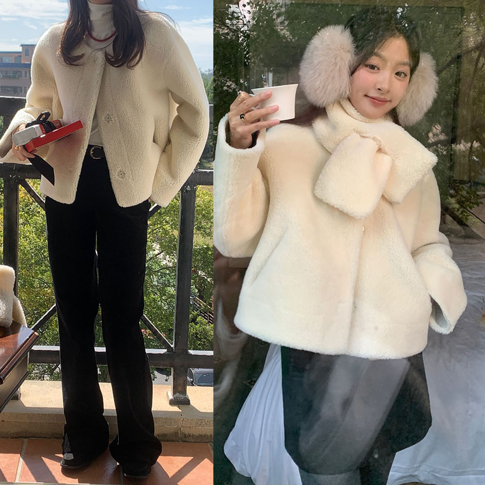 實拍 韓系氣質圓領羊羔毛圓領戴圍脖開衫保暖短外套