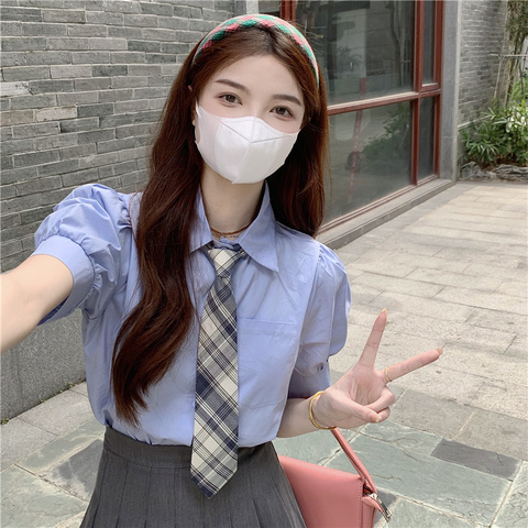 夏季新款減齡學院日系女孩淺藍色JK領帶襯衫短袖襯衣女時尚百搭潮