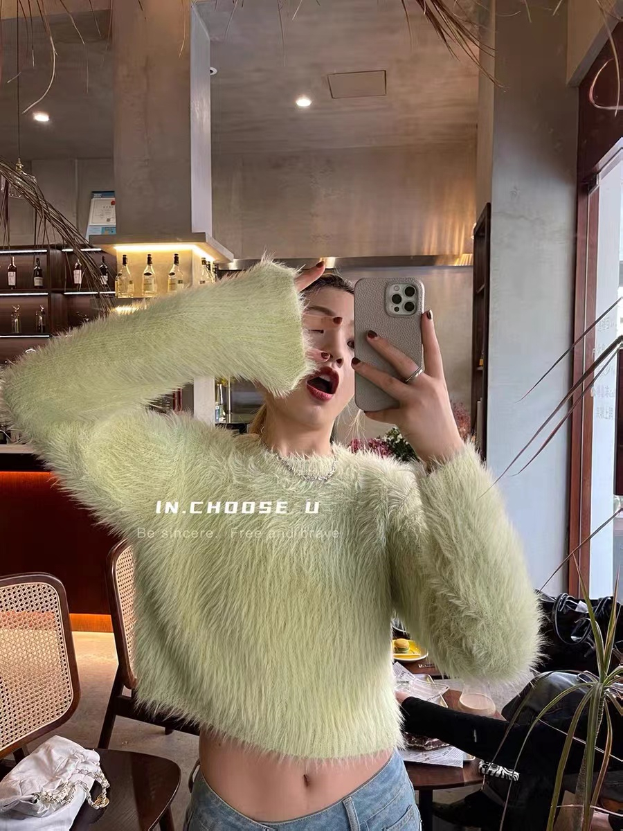 IN choose u笑笑家韓版秋冬仿水貂毛短款毛衣套頭寬鬆慵懶針織衫