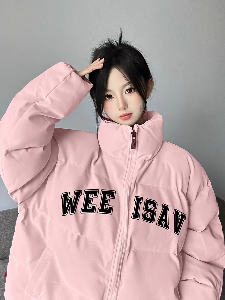 高品質手塞棉加厚冬季新款棉服寬鬆印花棉衣麵包服女