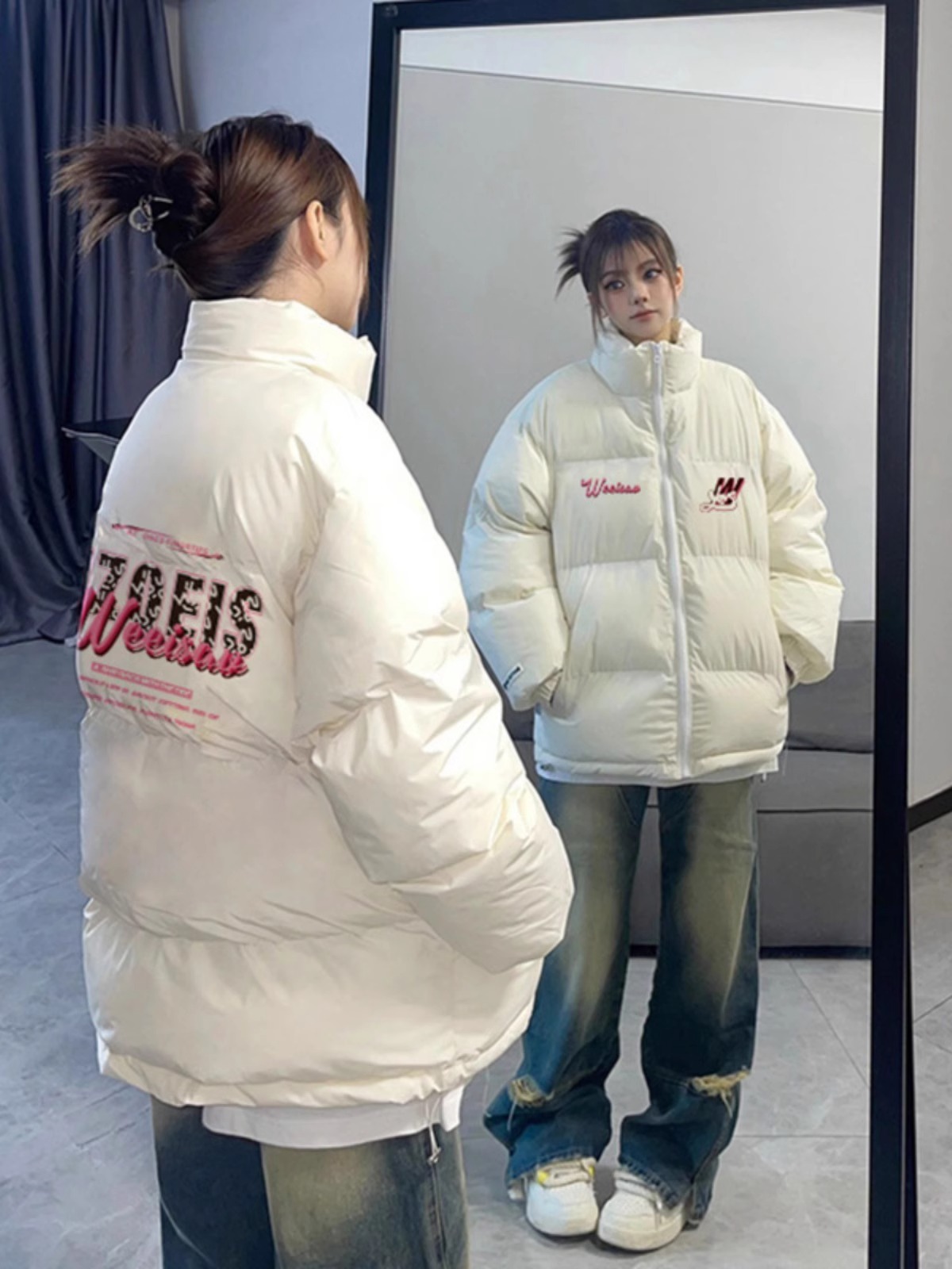 高品質手塞棉加厚冬季新款棉服寬鬆印花棉衣麵包服女