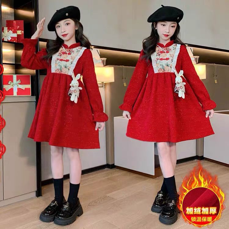 複合布+拉鏈新年裝紅色公主裙禮服裙絲絨裙女童加絨加厚連衣裙