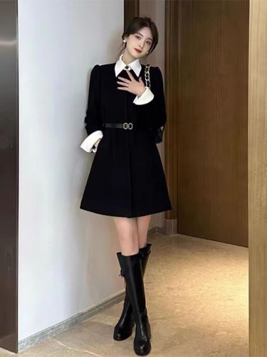 High-end small fragrant black fake two-piece dress women's autumn and winter skirt  winter new temperament little black dress