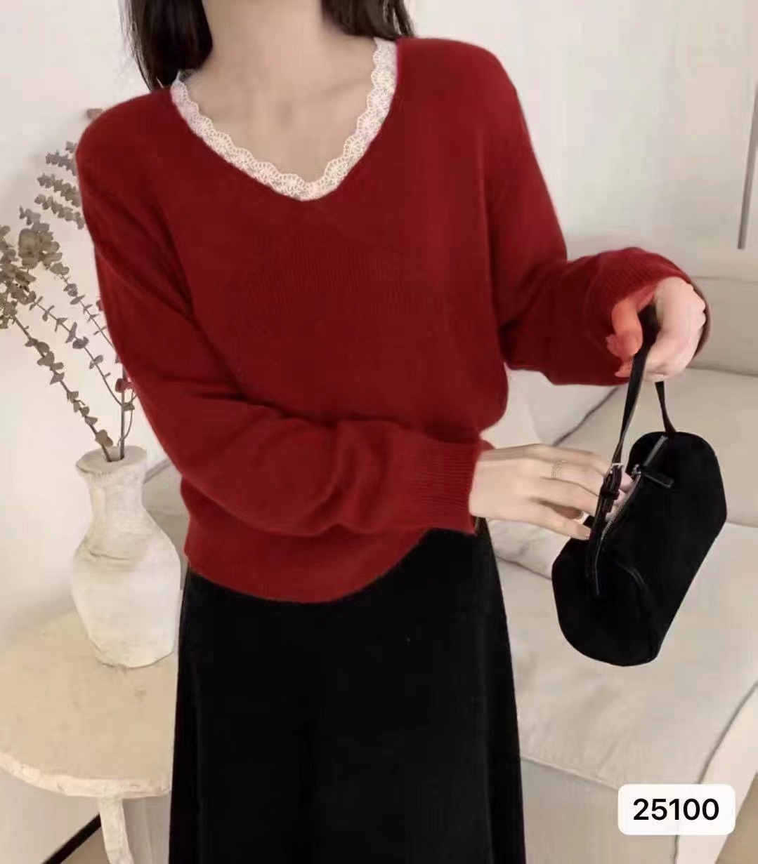 2023秋冬新款韓版甜美V領蕾絲花邊拼接顯瘦長袖上衣女