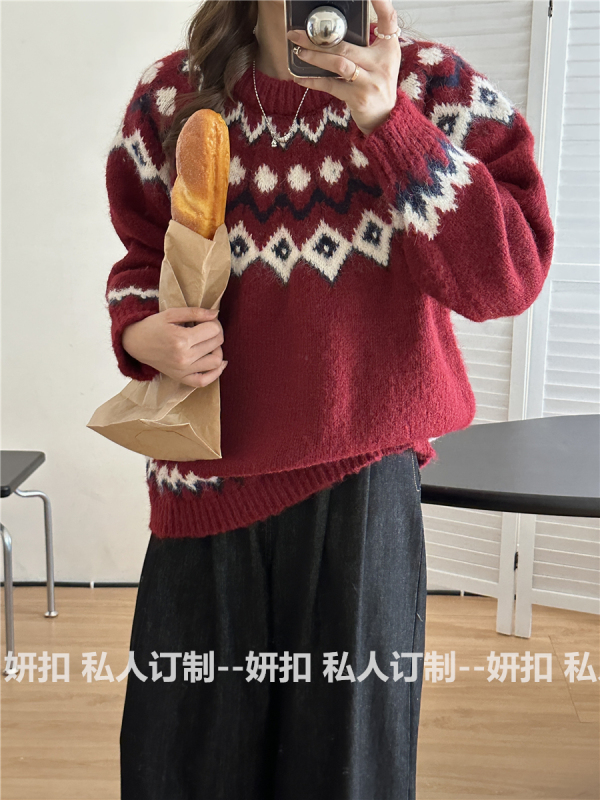 慵懶復古森系提花圓領套頭毛衣女秋冬新款寬鬆馬海毛針織衫上衣厚