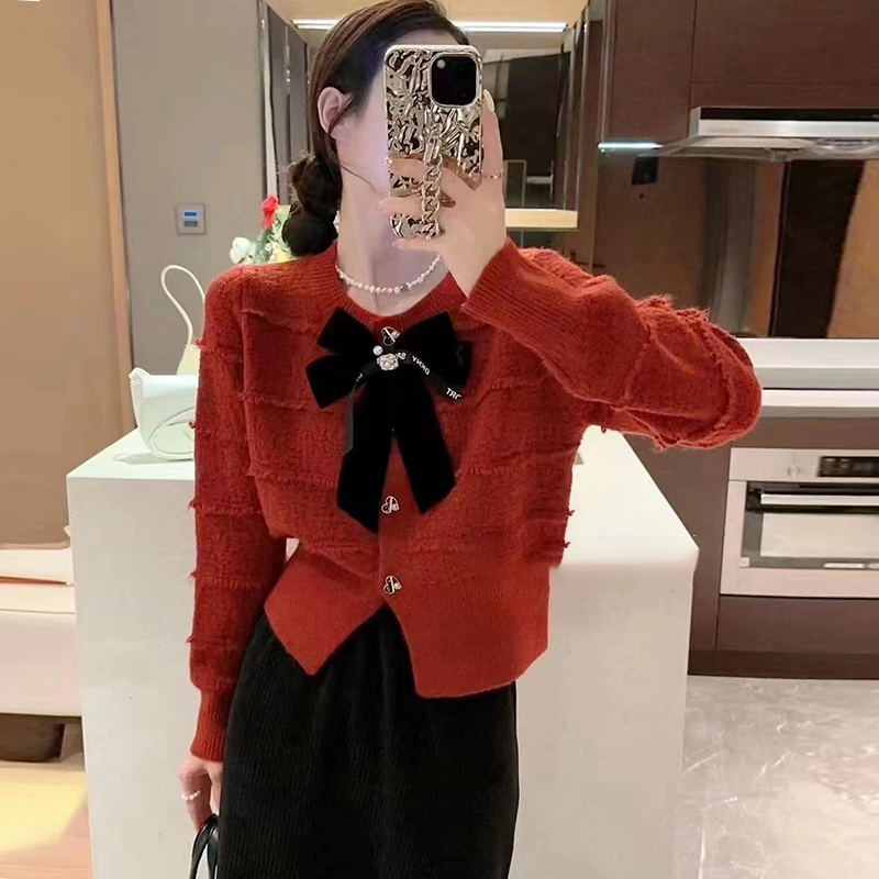 秋冬紅色毛衣女蝴蝶結羊毛針織開衫外套短款亮絲小香風氣質上衣