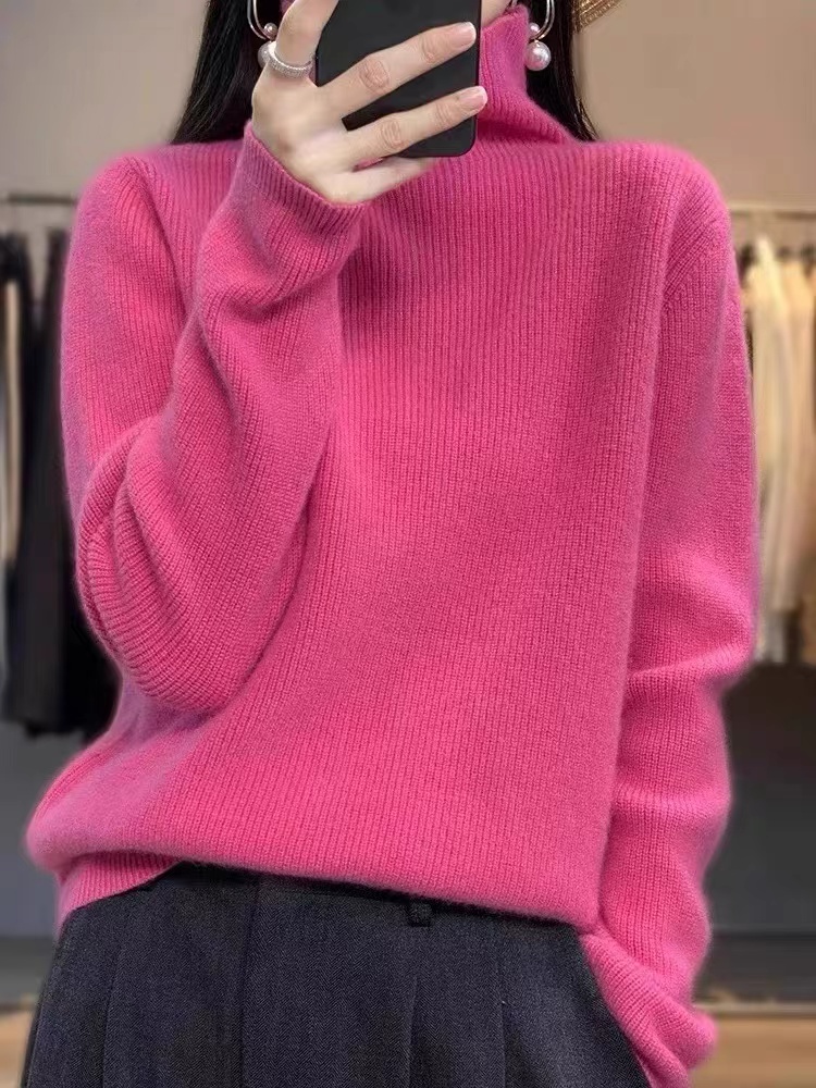 2023秋冬新款100%羊絨衫女高領加厚亮絲毛衣寬鬆羊毛針織打底上衣
