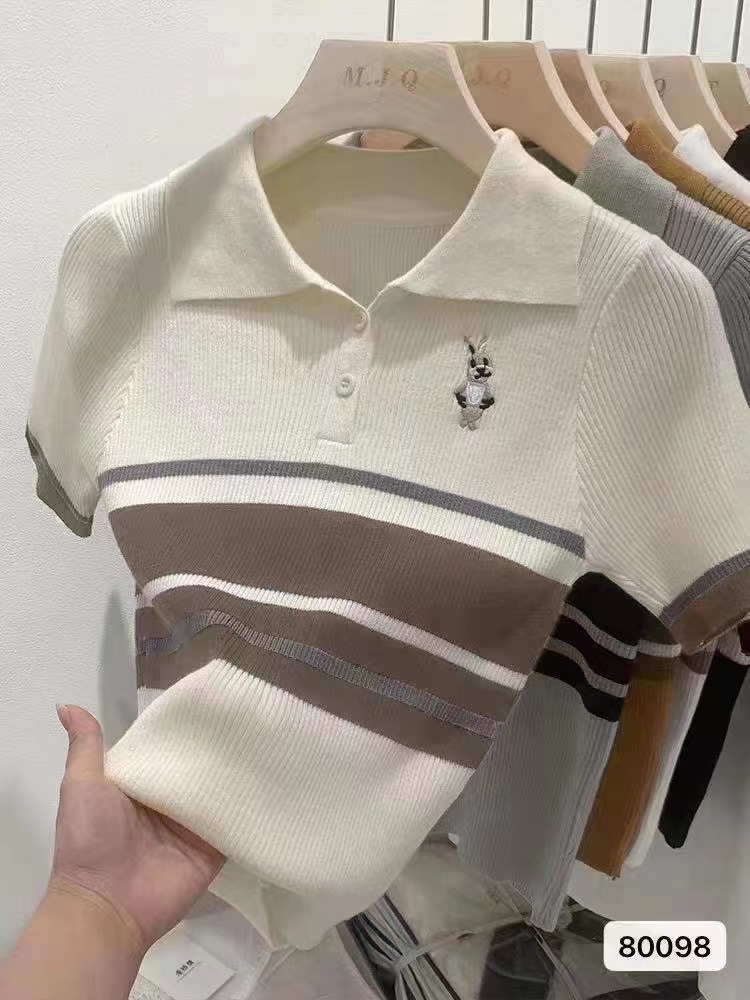 新款韓版學院風polo領刺繡撞色條紋短袖上衣女