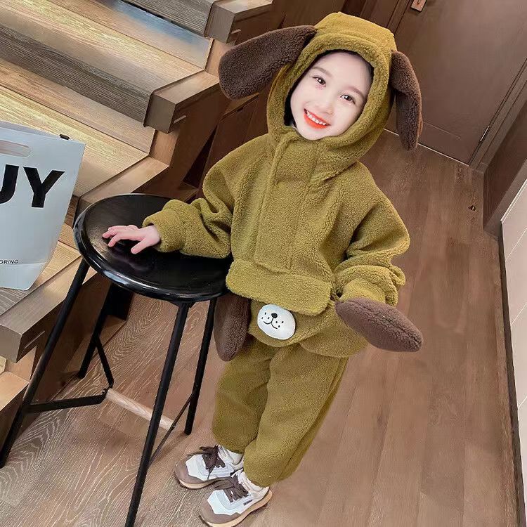 泰迪絨複合貝貝絨女童毛毛衣套裝冬季洋氣時髦兒童加絨加厚冬裝