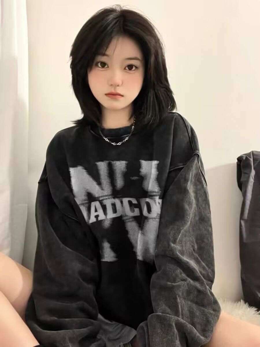 純棉華棉複合牛奶絲320克銀狐絨420克水洗做舊復古圓領衛衣女