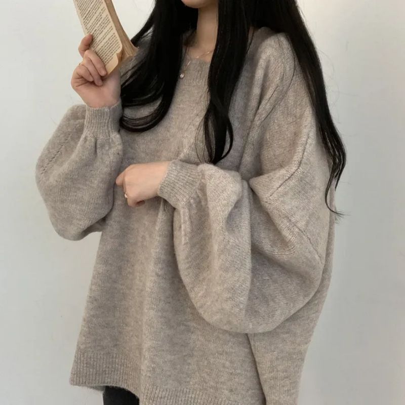 韓國chic秋冬圓領毛衣寬鬆慵懶保暖套頭中長款開叉厚針織衫