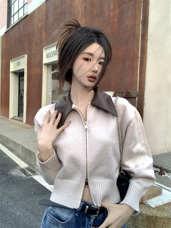 實拍 pu皮polo領雙拉鏈毛衣復古短款針織開衫設計感小眾上衣