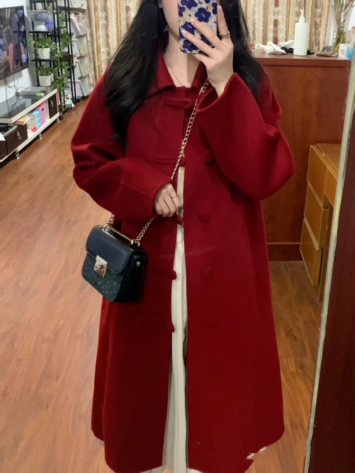 復古盤扣紅色呢子大衣女2023秋冬新款韓系赫本風氣質加厚毛呢外套