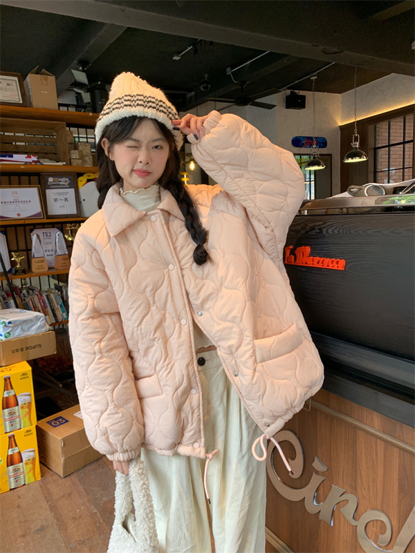 實拍  冬季菱格棉服翻領棉服外套羊羔絨加厚棉襖外套上衣