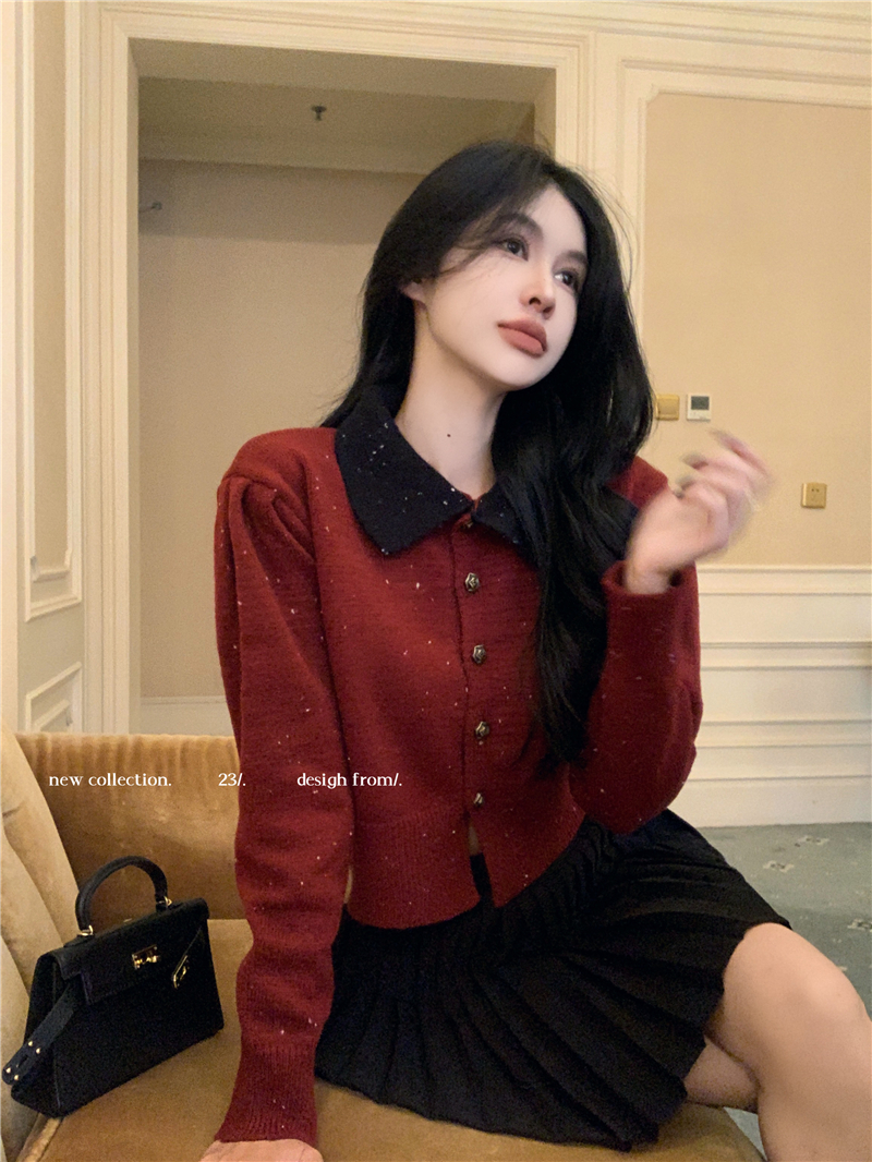 實拍  聖誕紅色毛衣女冬季高級感娃娃領針織開衫上衣