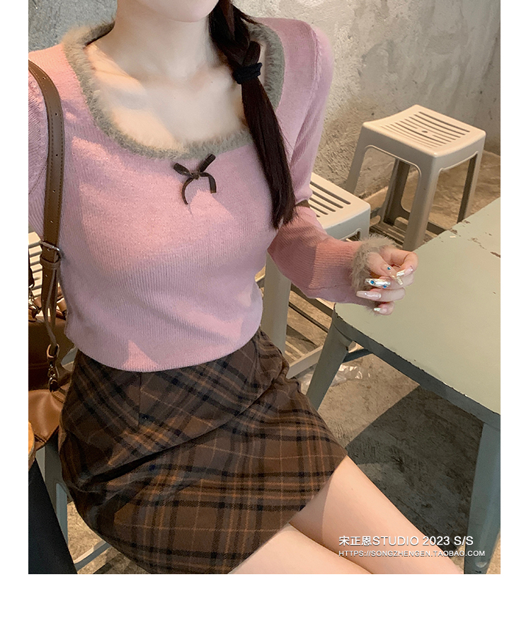 宋正恩毛毛蝴蝶結毛織小件打底衫女修身內搭純欲粉色時尚外穿長袖