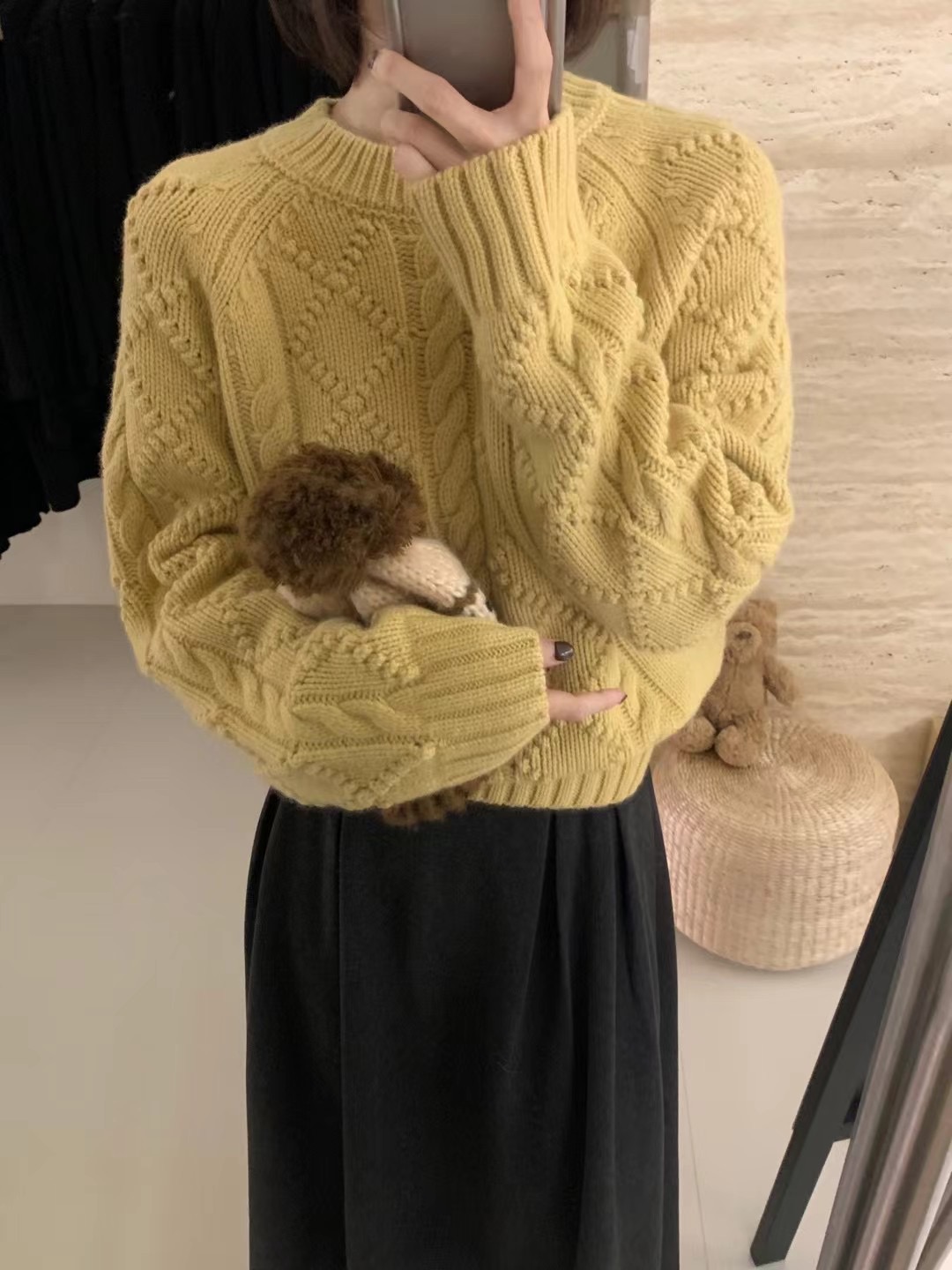 sheep時尚菱形全羊毛毛衣女2023秋冬新款圓領麻花慵懶短款針織衫