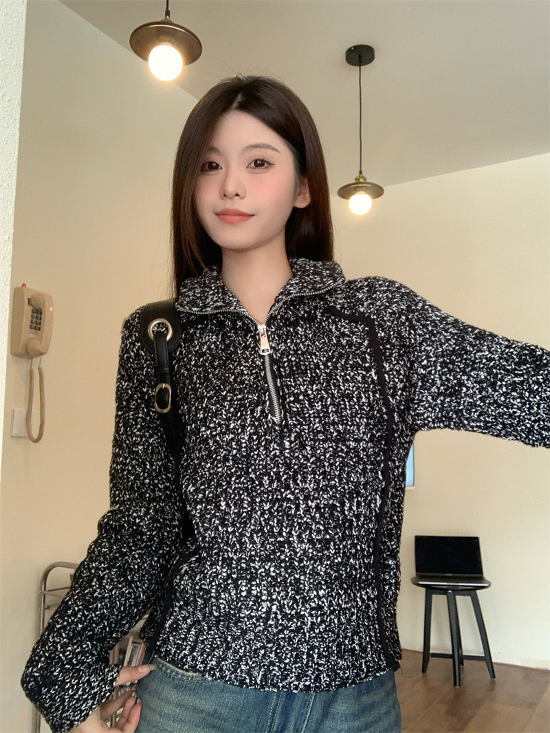 實拍 冬季新款韓系設計感半高領拉鏈慵懶風寬鬆百搭針織毛衣