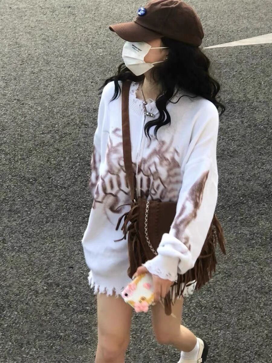 美式復古扎染設計感小眾毛衣外套女秋季慵懶長袖拉鏈針織開衫上衣