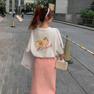 韓版新款寬鬆中長款印花字母減齡少女感短袖T恤上衣潮