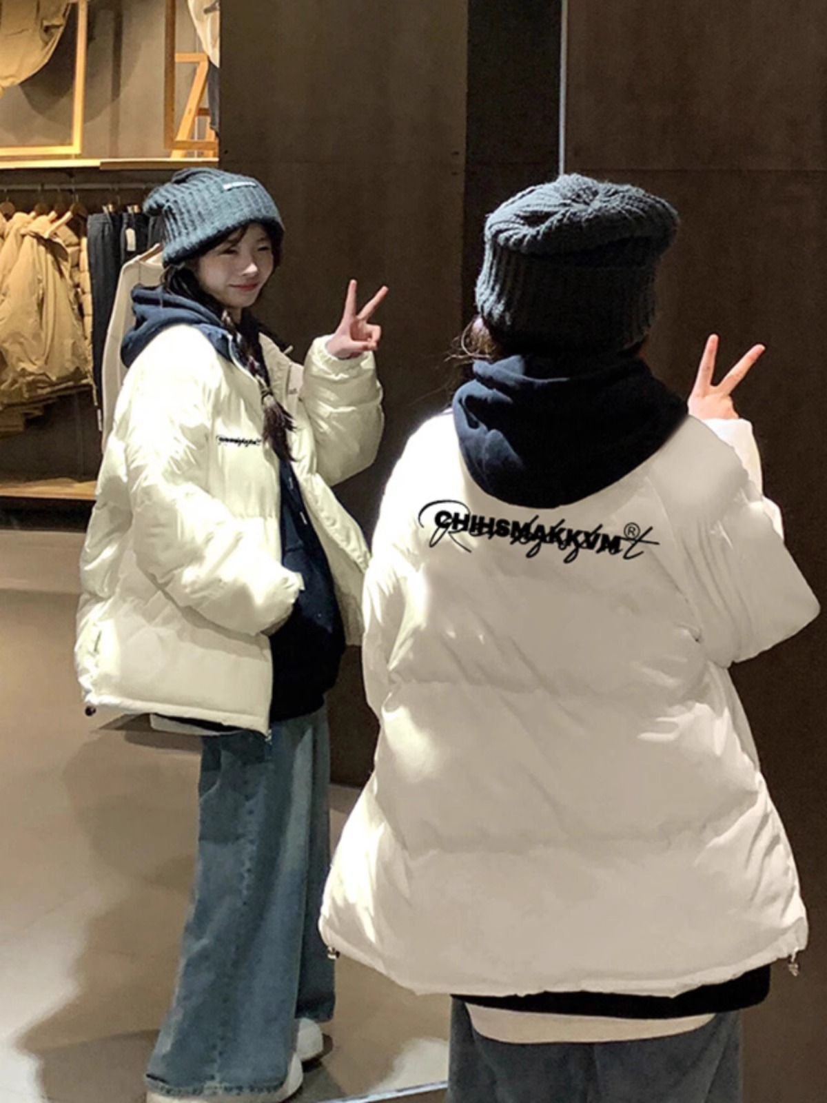 高品質手塞棉加厚冬季新款棉服寬鬆印花棉衣麵包服女