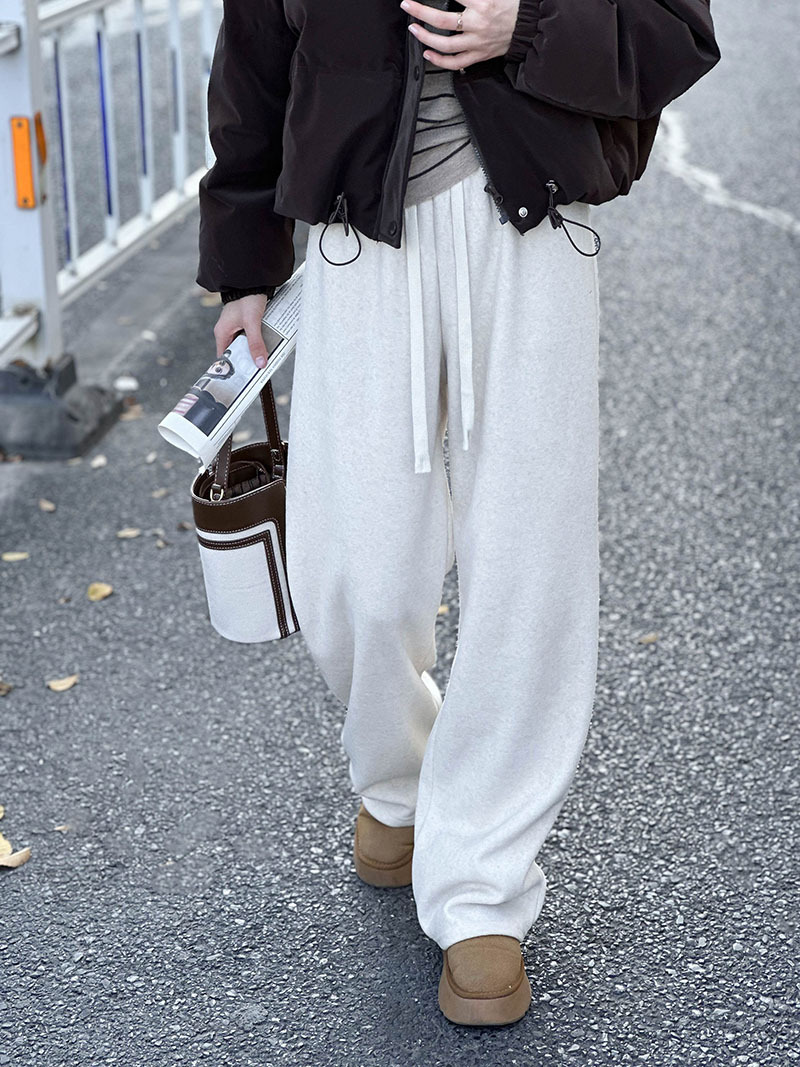 實拍~休閒褲女2023冬季新款加厚直筒褲毛巾褲垂感拖地休閒褲