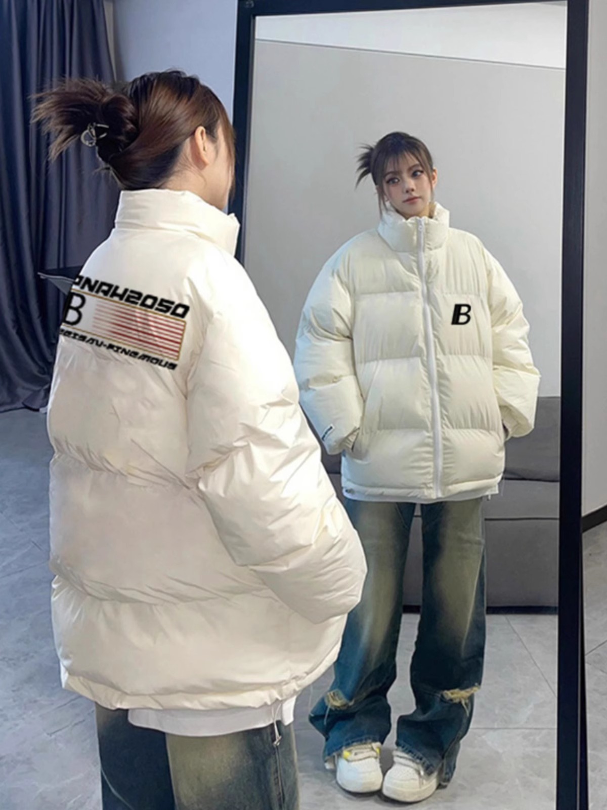 高品質手塞棉加厚冬季新款棉服寬鬆印花棉衣麵包服女
