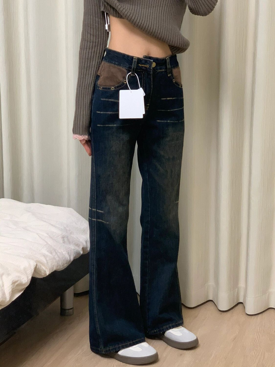 美式復古微喇叭低腰牛仔褲女小個子秋冬闊腿顯瘦寬鬆百搭拖地長褲