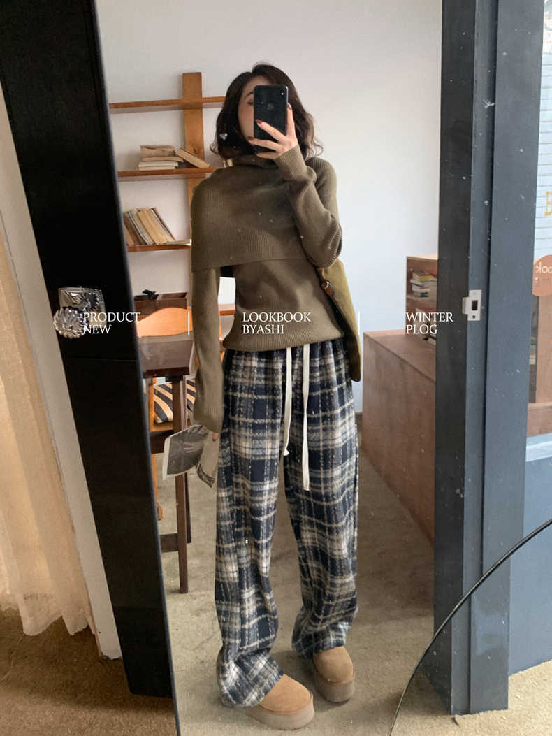 Retro woolen plus velvet plaid pants for women, autumn and winter cotton pants, high-waist drape pants, narrow wide-leg pants