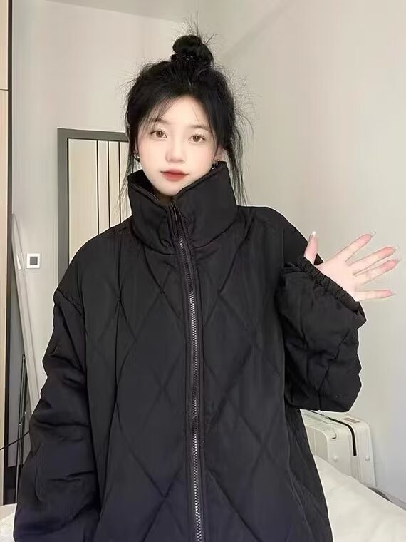 菱格立領棉服女秋冬加厚2023新款復古高級感小個子麵包服棉衣外套