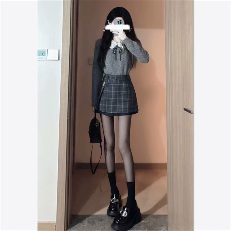 秋冬季鹽系輕熟高級感辣妹學院風灰色毛衣格紋短裙時尚兩件套裝女