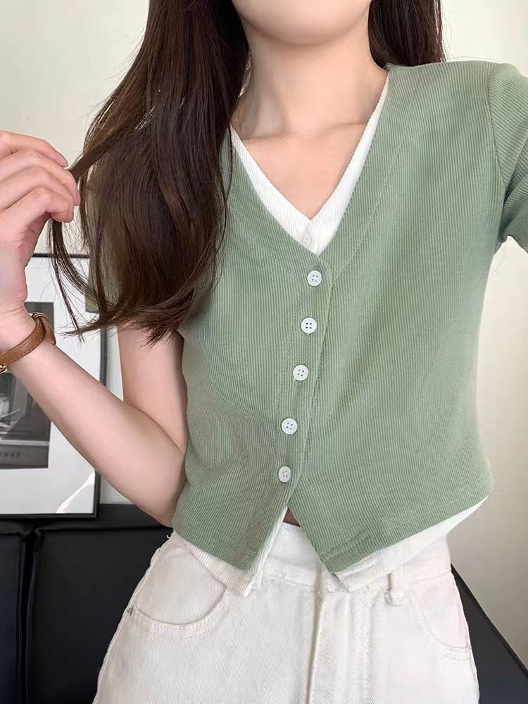 高質量-顯瘦短袖t恤女夏季甜辣妹獨特v領短款黑色假兩件短上衣