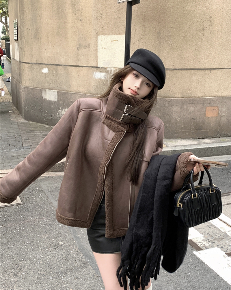 實拍秋冬復古美拉德皮毛一體羊羔毛加厚麂皮絨外套女