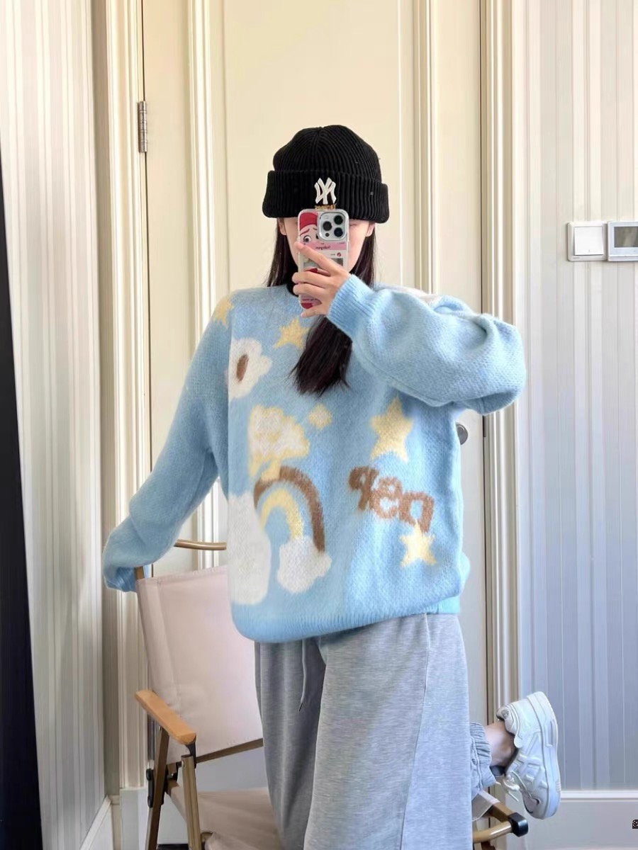 提花雲朵套頭針織毛衣女秋冬軟糯慵懶休閒寬鬆百搭奶fufu圓領上衣
