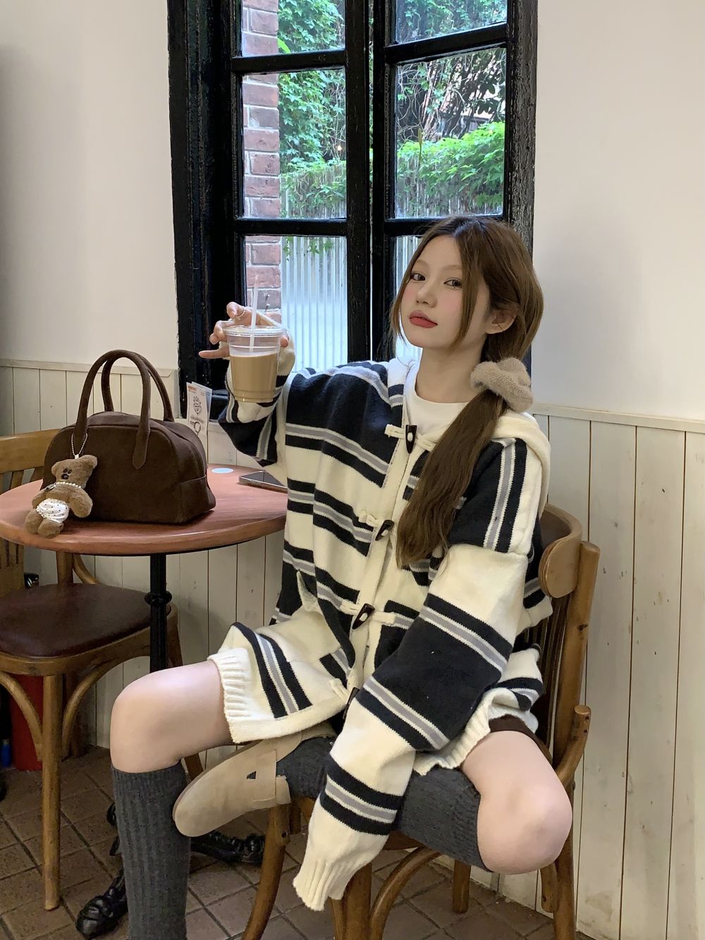 實拍三標齊寬鬆慵懶條紋連帽牛仔扣毛衣外套