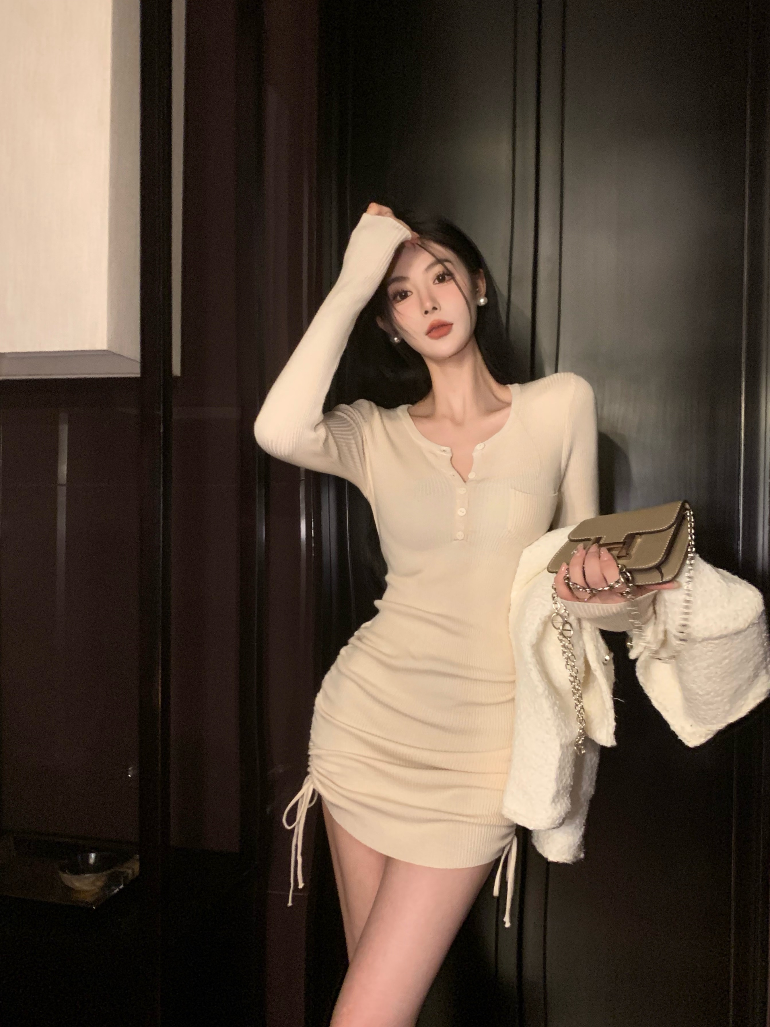 Actual shot of retro and western-style slimming knitted skirt with drawstring Korean style versatile inner simple dress