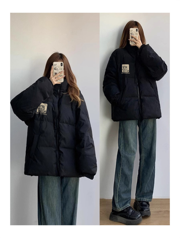 高品質手塞棉加厚冬季新款棉服寬鬆印花棉衣麵包服女