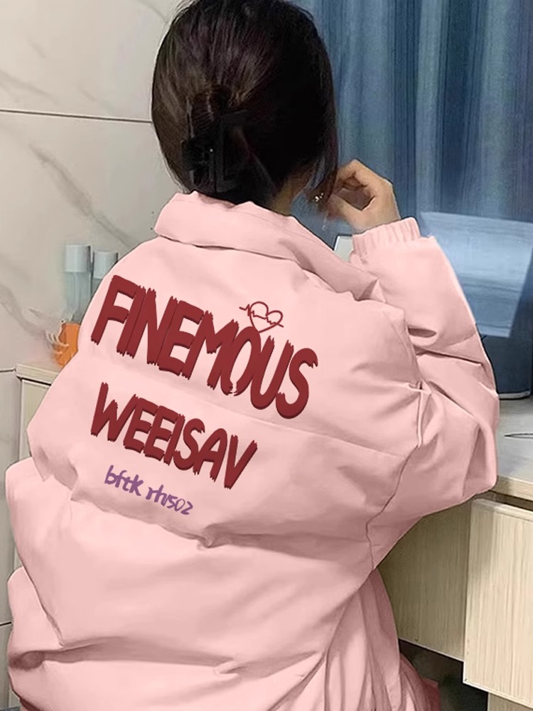 高品質手塞棉加厚冬季新款棉服寬鬆印花棉衣麵包服女