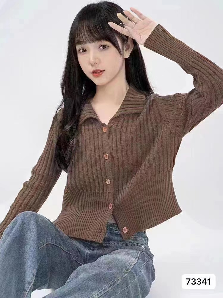 2023秋冬新款韓版氣質翻領坑條顯瘦針織長袖開衫上衣女
